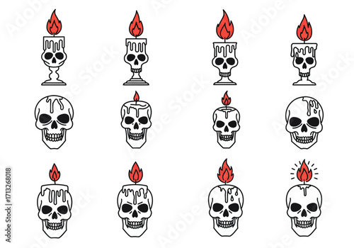 Twelve skullshaped candles with flames in a grid