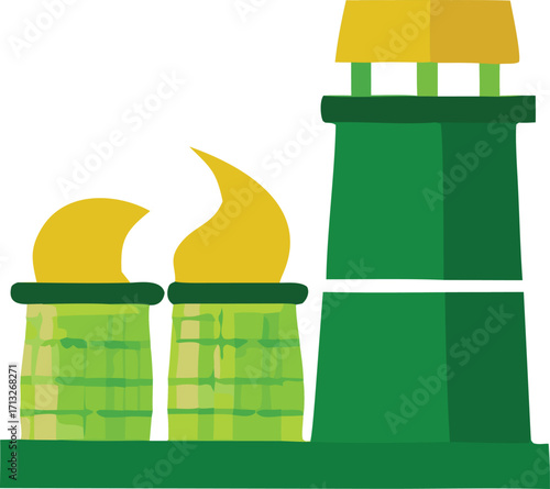 Modern industrial complex with smoking chimneys and tall structures symbolizing energy production and manufacturing infrastructure for a clean environment