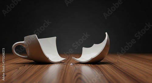 Fractured ceramic: A poignant representation of vulnerability and irreparable damage on wooden