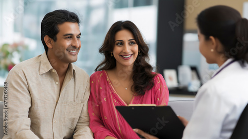 Smiling Indian Couple Receiving Medical Advice from Doctor