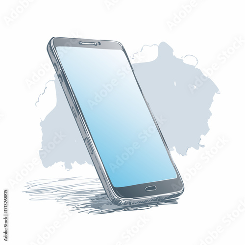 rotated smartphone graphite sketch with teal watercolor wash for modern tech art
