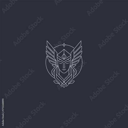 Valkyrie winged warrior line art minimalist logo design.