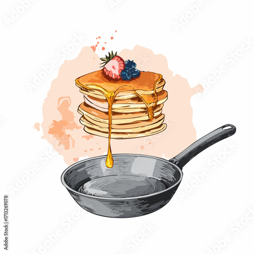 flipped pancake graphite sketch with golden syrup watercolor wash for culinary art