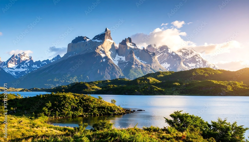 Fototapeta premium Scenic mountain range reflected in calm lake