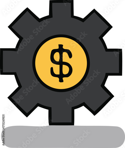 Industrial gear mechanism with golden dollar coin symbol representing financial operations and business efficiency