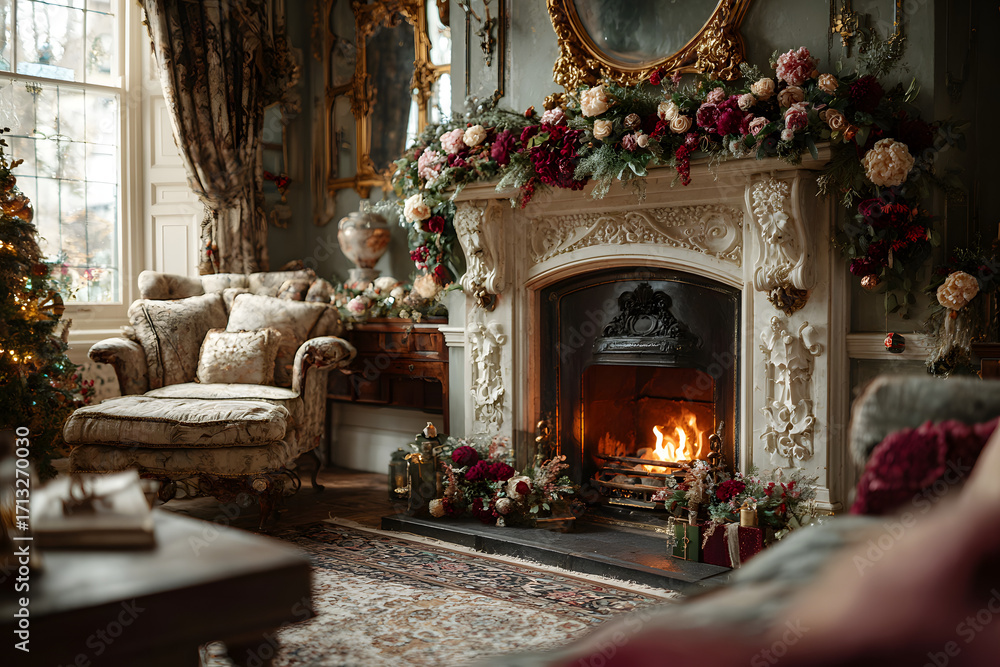 custom made wallpaper toronto digitalView of the room with a fireplace. Festive decorations and a Christmas tree.