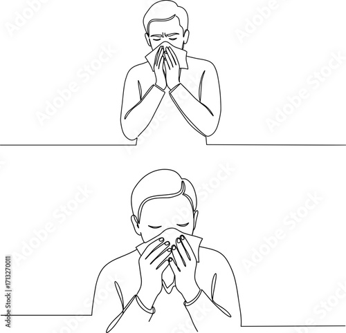 Man sneezing and holding tissue while looking unwell in line style illustration, transparent background, depicting symptoms of illness and discomfort.