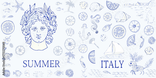 Summer in italy collage with classical bust seashells citrus fruits palm trees and sailing boat