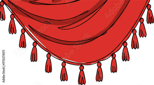 Red decorative fabric with tassels draping elegantly against a transparent background  
