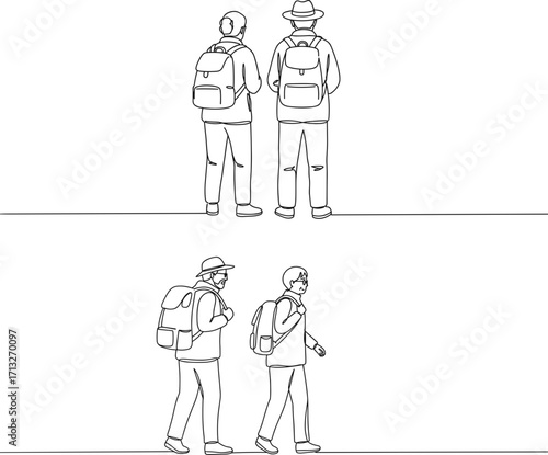 Two men with backpacks walking in line style illustration on transparent background  