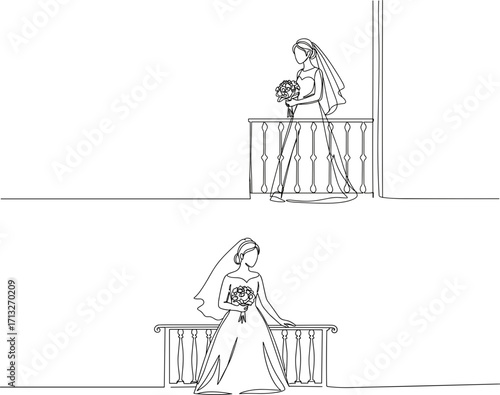 Female brides standing on balconies holding wedding bouquets in line art style, transparent background  