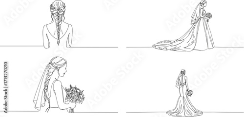 Elegant bridal sketches showcasing four wedding dress designs on a transparent background  