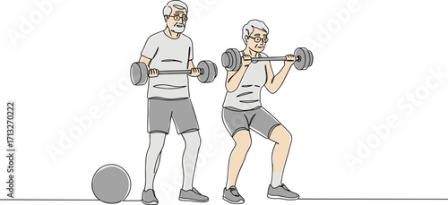 Two elderly men exercising with weights and fitness ball in a gym  