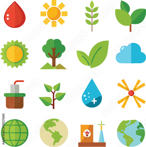 Collection of flat icons representing nature ecology and renewable energy sources for digital design projects