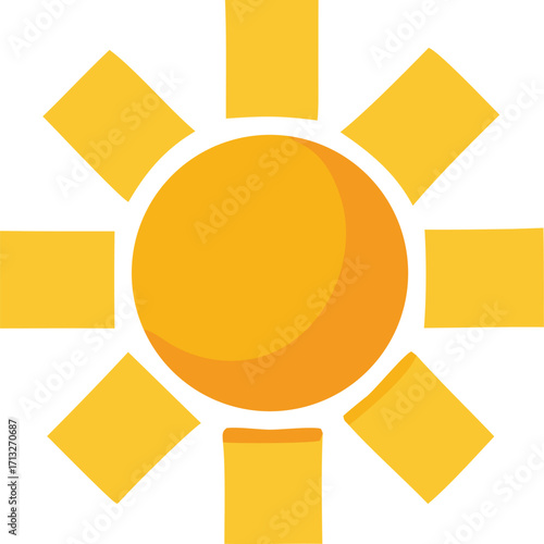Radiant sun icon featuring a warm orange circle and eight yellow rectangular rays symbolizing brightness daylight weather and positive energy