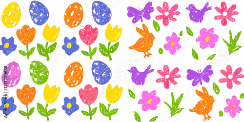 Cute hand drawn easter elements with eggs flowers birds butterflies and bunnies on a white background