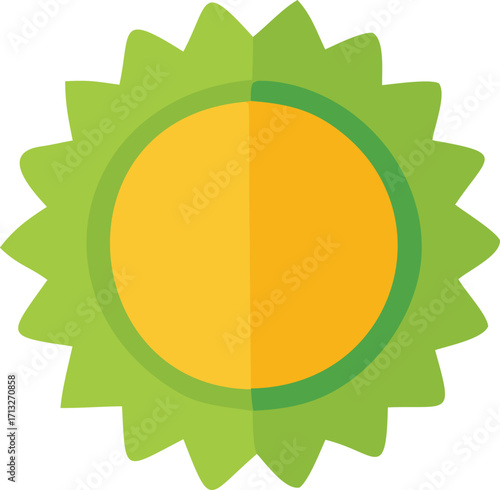 Bright yellow sun with green radiant rays simple flat design icon representing warmth and summer weather