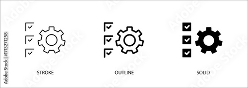Gear icon with checkboxes for technical checks, quality assessment. Vector stroke, outline and solid icons. Eps10.