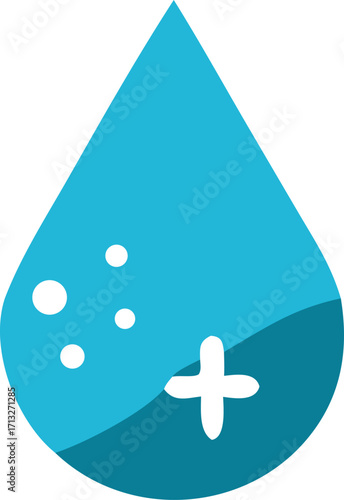 Abstract turquoise water drop symbol with bubbles and plus sign representing purity hygiene healthcare and freshness
