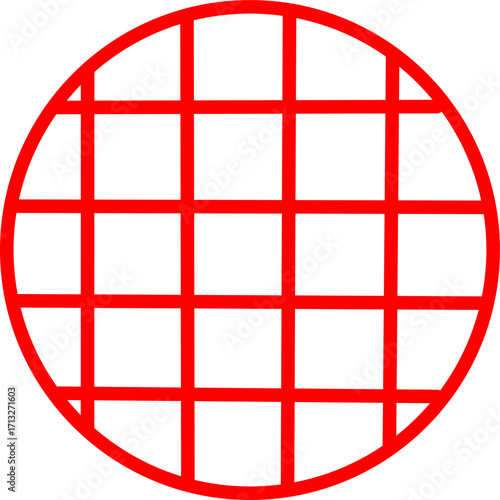 Red outline icon of a globe grid inside a circle, symbolizing world, internet, global network, connectivity, communication, and international digital technology concepts.
