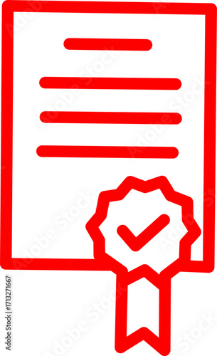 Red outline icon of a certificate with ribbon and check mark, symbolizing approval, achievement, award, recognition, validation, or official document design.
