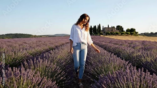 Wallpaper Mural Woman walking through a lavender field at sunset. Torontodigital.ca