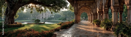 Majestic Indian Mughal architectural white marble corridor with intricate carvings, arched doorways leading to green lawn, geometric patterned floor, empty scene.
