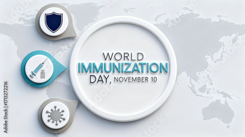 Protective shields, syringes, virus elements, and World Immunization Day text, immunization against viruses, safeguarding health, medical science popularization, immunization day promotion, etc.

