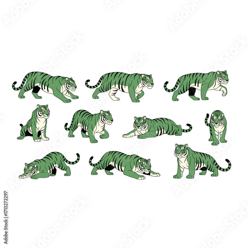 Majestic Green Tiger Poses Expressing Power Fierceness Graceful Agility Isolated on Transparent Background