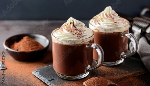 Two Mugs Of Rich Hot Chocolate Topped With Whipped Cream And Cocoa Powder