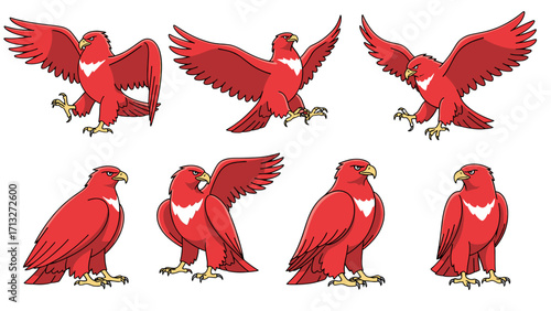 Majestic Red Bird of Prey in Various Dynamic Poses Isolated on Transparent Background