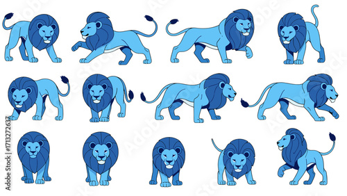 Majestic Blue Lion Pixel Art Sprite Sheet with Multiple Poses Isolated on Transparent Background