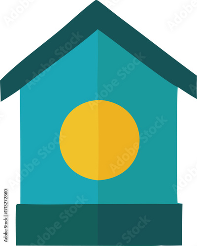 Charming teal birdhouse with golden circular opening a simple rustic dwelling for feathered friends