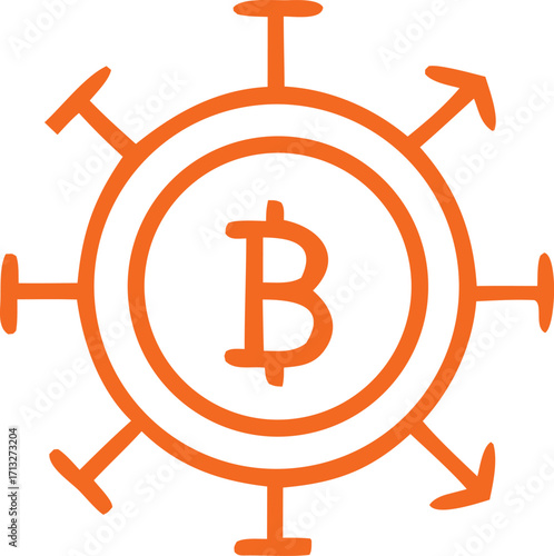 Digital cryptocurrency bitcoin symbol radial spokes arrows financial technology innovation global reach abstract orange icon