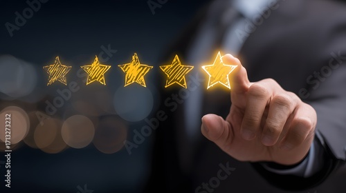 Customer Service Evaluation Concept. Users tap the smiley face icon on the virtual touchscreen. Quality review, feedback survey, highest five-star rating, market research, customer satisfaction.
