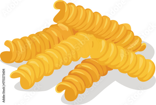 Several pieces of uncooked fusilli pasta. An isolated vector illustration of a type of Italian food ingredient. Generative AI