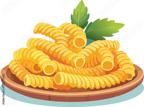 A plate of delicious fusilli pasta, garnished with fresh basil. An isolated vector illustration of a classic Italian dish. Generative AI