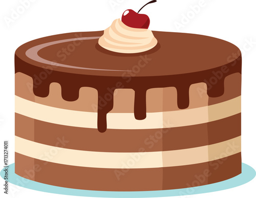 A delicious, multi-layered chocolate cake with frosting, chocolate drip, and a cherry on top. A sweet vector illustration for birthdays and celebrations. Generative AI