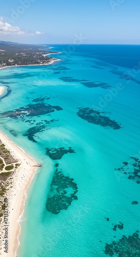 Aerial Panorama of Turquoise Waters and Pristine Beach Coral Reefs.