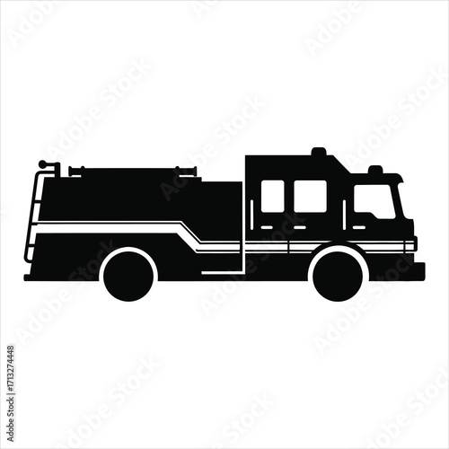 Black silhouette of a fire engine truck with white accents on a white background fire truck