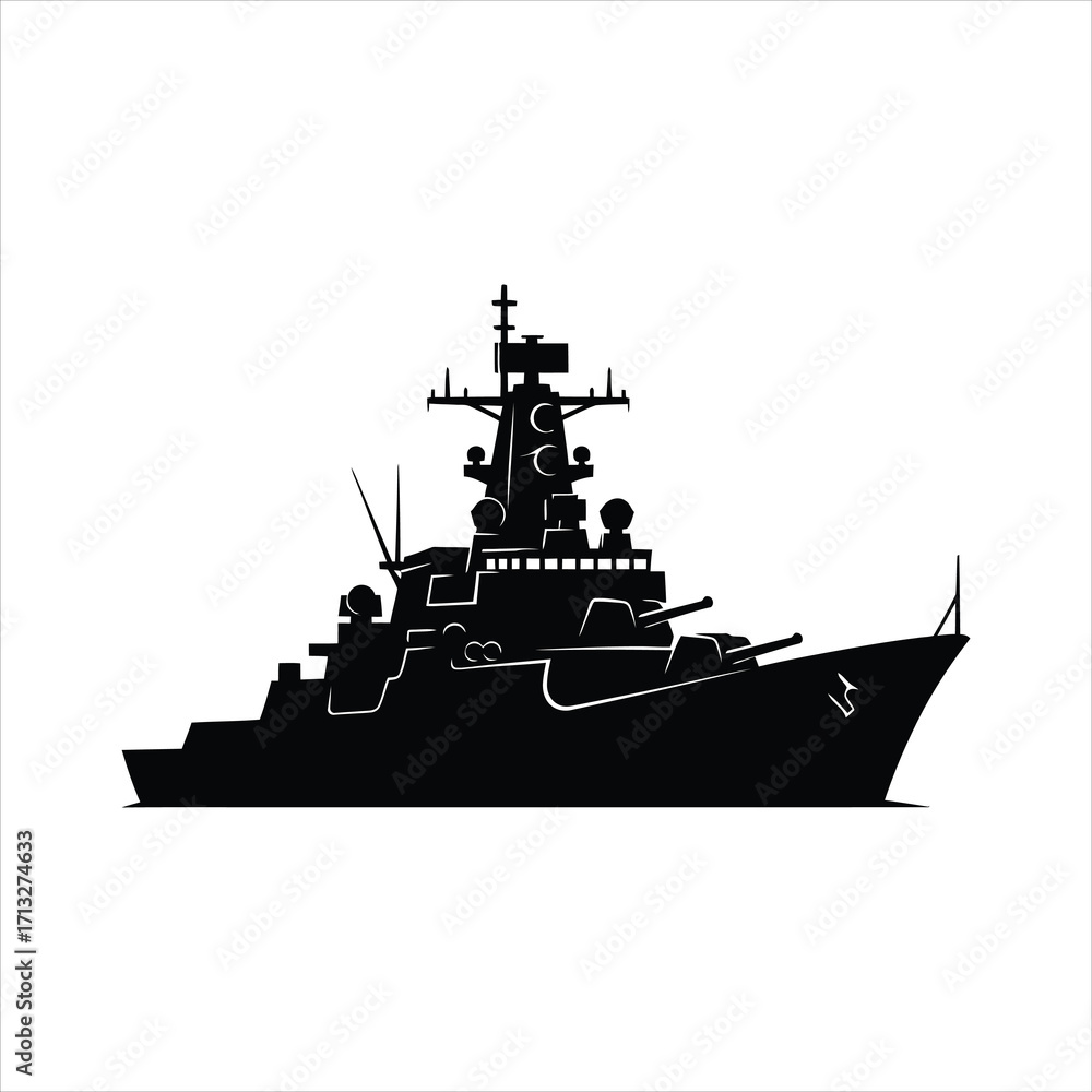 Fototapeta premium Black silhouette of a large warship with multiple guns and radar navy military