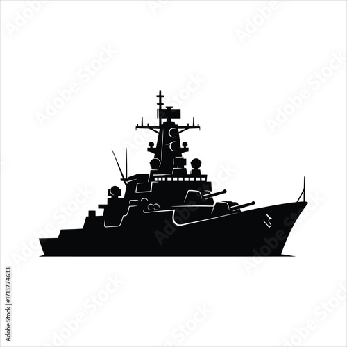Black silhouette of a large warship with multiple guns and radar navy military