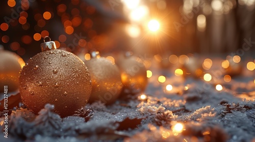 Glistening Christmas Ornaments Shine Brightly in a Beautiful Winter Wonderland Setting