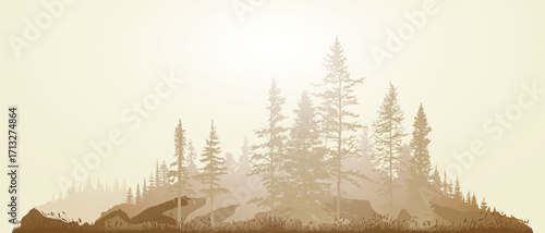 Forest in the morning mist, sepia tones, minimalistic landscape, vector illustration, panoramic view