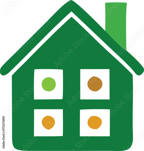 Charming green house icon with four windows featuring colorful dots symbolizing home comfort and residential living