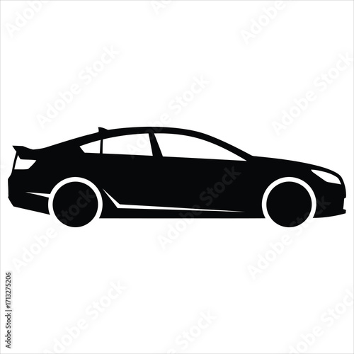 Black silhouette of a modern sedan car with spoiler and white wheels vector