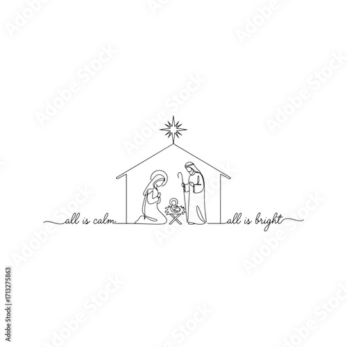 Minimalist Nativity scene with Holy Family, continuous one-line drawing. Religious Christmas illustration with Star of Bethlehem and text 'all is calm, all is bright'.
