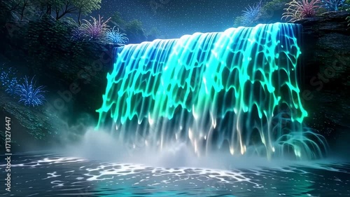 A vibrant waterfall cascades into a serene pool under a starry night sky with lush vegetation