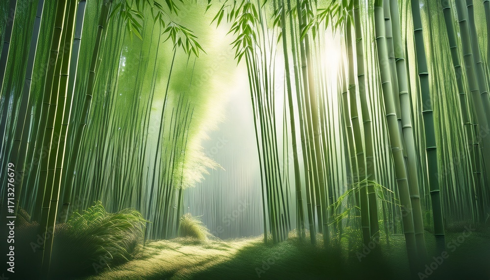 Fototapeta premium Minimalist Bamboo Forest With Swaying Stalks And Soft Sunlight Filtering Through Leaves