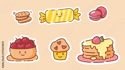 Set of kawaii style sweets including cookies, candy, macarons, cherries, muffin, and pancakes with strawberry. Cute sticker pack for kids, scrapbooking, planners, and digital design.